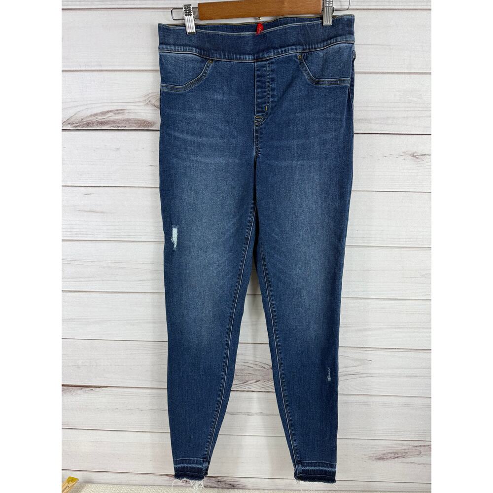 Womens SPANX Flat Front Distressed Skinny Pull On‎ Jeans, Medium Wash Size LARGE